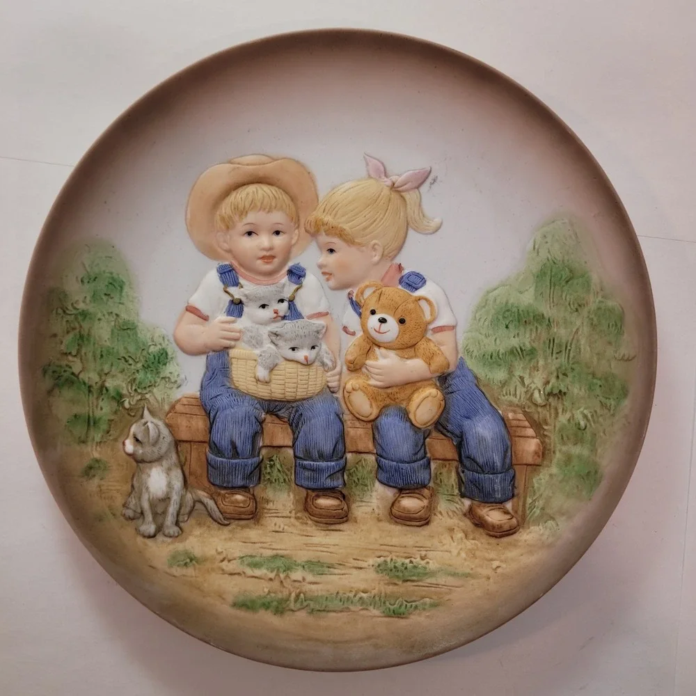 Homco Denim Days Collector Plate Children‎ Kittens Teddy Bear 3D Relief 1505